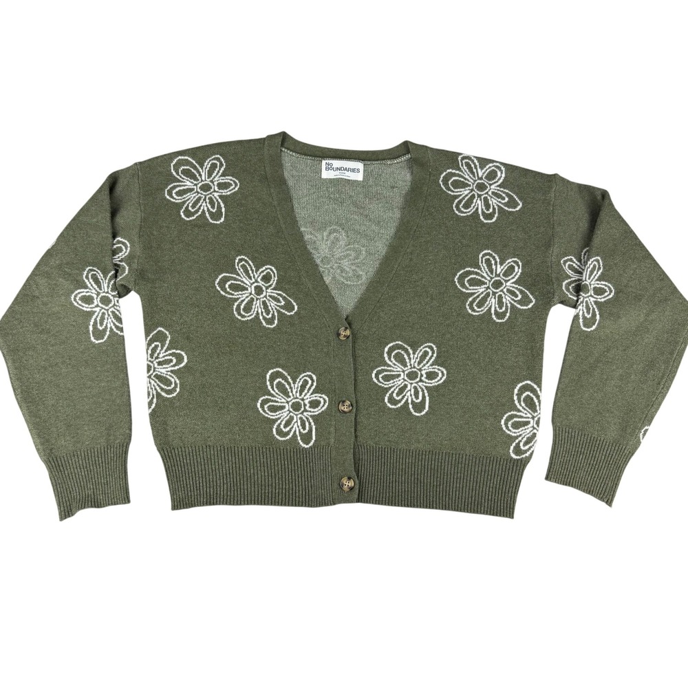 No Boundaries Women's Green Floral Knit V Neck Button-Up Cardigan Y2K Boho Soft‎